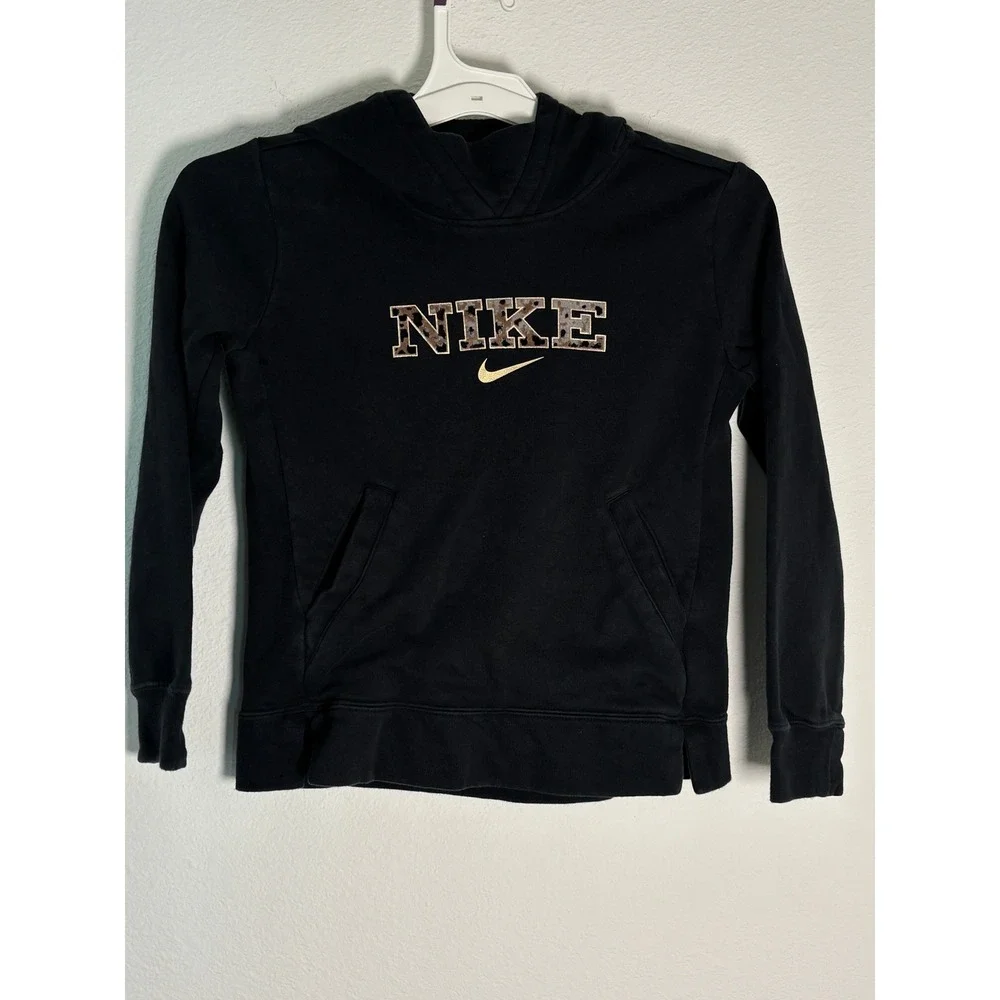 Nike Girls Small Black Leopard Print Logo Fleece Hoodie Pullover Sweatshirt